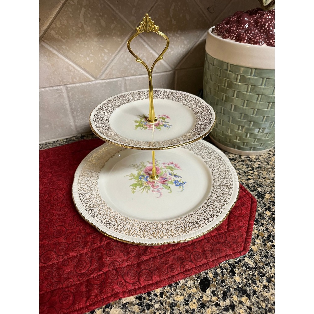 Vintage Homer Laughlin Floral 2-Tier Tidbit Tray: Gold Trim Party Dish